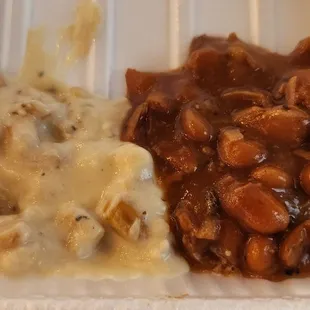 Crazy good cream style corn gettin' cozy with BBQ beans well loaded with shredded meat and a sweet/peppery kick.