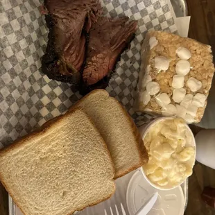 Brisket, Mac n cheese, and amazing rice crispy treat.