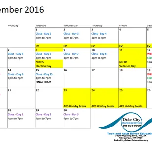 November 2016 Class Schedule Weekends or Weekdays combination Customized Class Schedule.  ADTSEA Chapter course Class Curriculum. $350/tax