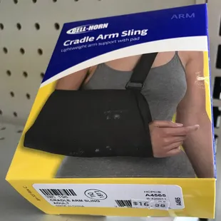 Example of comparable and easily obtainable arm sling from retail pharmarcies, Walmart, etc. This one sells for $16.38.