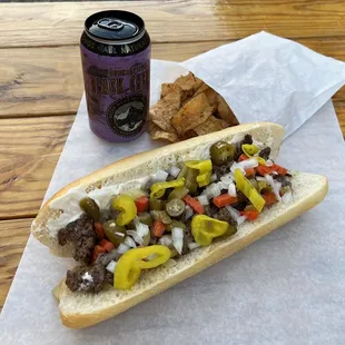 Chopped Cheese Sandwich w/ giardiniera, Denver Chip Co. chips and Rocky Mountain Soda