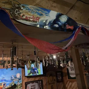 a surfboard hanging from the ceiling