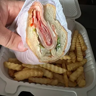 Italian cold cut and fries. Lunch special with soda as well for $10.99. They serve 8" subs only.