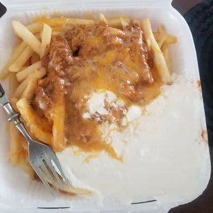 Chilly cheese fries with sour cream.  Looks more like they gave me a side of fries with my sour cream.  Very sloppy
