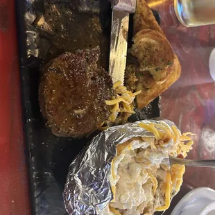 Filet Mignon, Loaded Baked Potato, and Texas Toast
