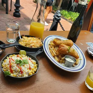 Elote Loco, truffle Mac and cheese, fish and chips
