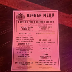 Dinner menu