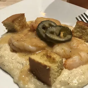 Um corn bread croutons candied jalapeños creamy grits and shrimp cooked perfectly, need I say more