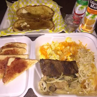 Dukes weekend breakfast steak with onions and mushrooms scrambled eggs with cheese Hashbrowns and French  toast