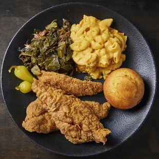 Fried Fish with collard greens and mac&amp;cheese