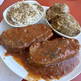 Meatloaf plate with dressing and rice with gravy!!!