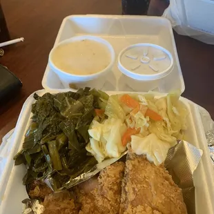 Fried chicken with greens, cabbage, and mash with cornbread.