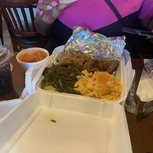 Fried Chicken with mash, greens, cabbage  with cornbread.