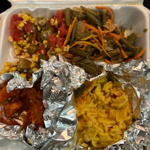Veggie Plate (yams, string beans, corn &amp; Mac)