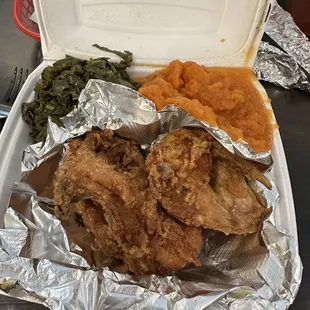 Mixed chicken, collard greens, yams