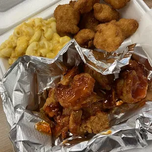 Mac and cheese, corn nuggets, bang bang shrimp