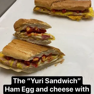 the yuri sandwich with ham and cheese with flaming hot cheetos