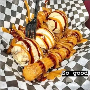 Churro Sundae. Topped with Mexican Caramel and chocolate.