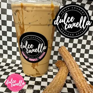 a cup of coffee and churros