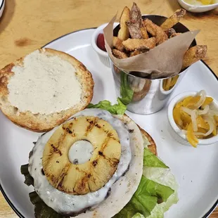 Hawaiian burger with fries