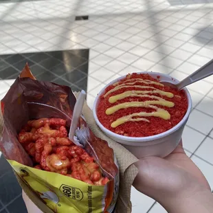 chips with cheese, small esquite topped with cheeto dust