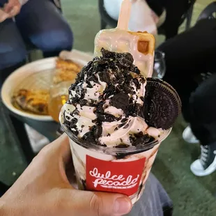 Oreo Cookie Ice cream with a hot waffle on a stick