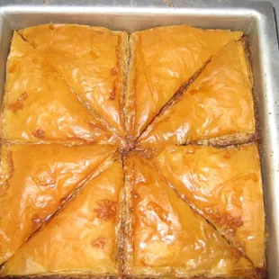 Baklava. Tasted sweet with honey and nuttiness.