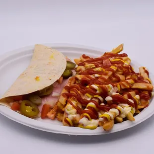 a plate of food with condiments