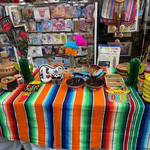 a table with a colorful table cloth