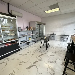 a counter with a display case