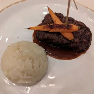 8 oz filet,  glazed carrots, and mashed potatoes