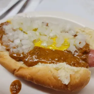 a chili dog with onions and mustard