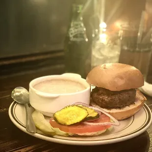Dumont Burger, 8 oz. / Soup of the Day: Cream of Mushroom Soup
