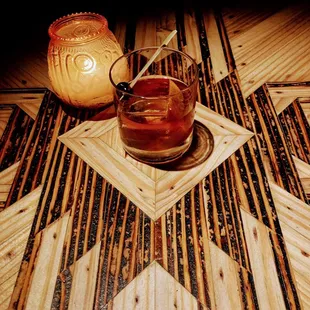 a glass of tea on a wooden table