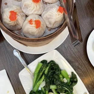 C12. Mini Juicy Buns with Pork and Crabmeat and 54. Chinese Watercress with Garlic