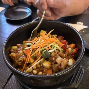 Kung Pio Chicken Bibimbap and shrimp dumplings