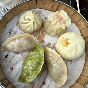 Steamed Pork Bun, Steamed Soup Bun, Shrimp&amp;pork Siu Mai, Vegetarian Fried Dumpling, &amp; Pork Cabbage Fried Dumpling
