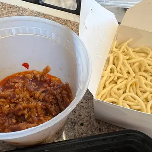 Hot and Spicy Pork Dry Noodles are filled with flavor!  We asked for it this time without the veggies