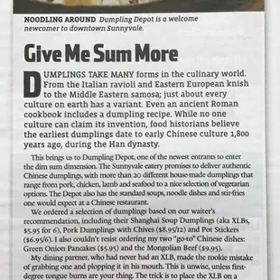 Thanks Metro News journalist John Dyke for writing such a nice article about Dumpling Depot.  http://www.sanjose.com/2017/08/03/depot-dumpli