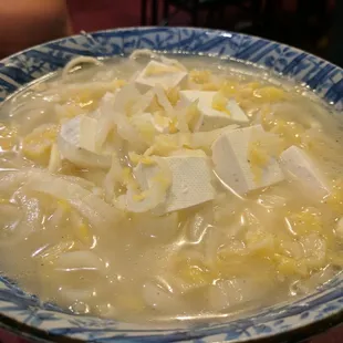 Okay sour veggie and tofu noodle soup, kind of stale noodle