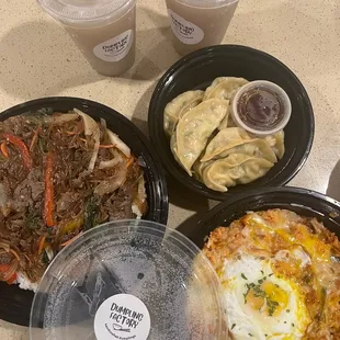 Japchae bap, kimchi fried rice, pork and vegetable dumplings