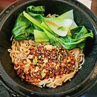 Oil splashed noodles. Not as spicy as all that chili would make you think.