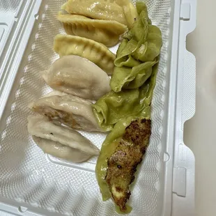 Pork, teriyaki chicken, vegetable dumplings