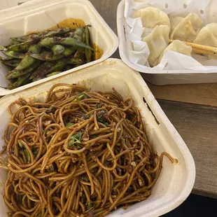 Spicy edamame, spicy cold noddles and chicken and cabbage dumplings. Yum!