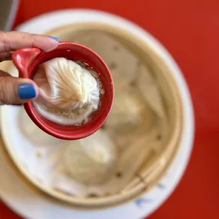 黑松露小笼包 Black Truffle &amp; Pork XLB  (4 pc-$14.95) - That's just half of the soupy broth shown.