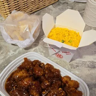 General Tso&apos;s chicken, Fried Rice and Crab Rangoon.