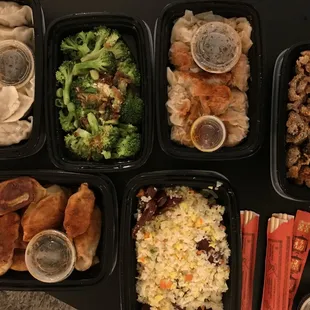 Pork and chive dumpling, broccoli w/ garlic sauce, chili wonton, night market crispy chicken, kimchi potsticker, Chinese sausage fried rice.