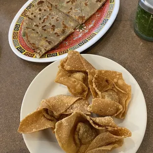 Green onion pancake, fried wontons