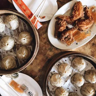 Both types of soup dumplings &amp; some Chinese fried chicken