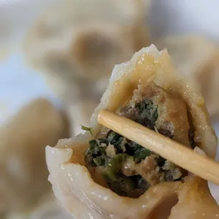 Chive, pork and shrimp boiled dumplings.